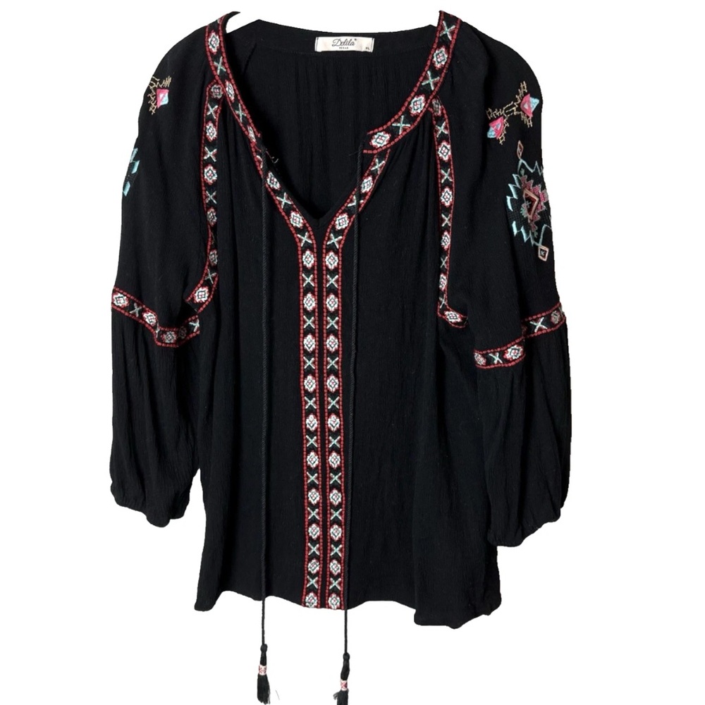 Delila Texas Blouse Large Top 3/4 Sleeves Tassel Ties Embroidered Boho Western